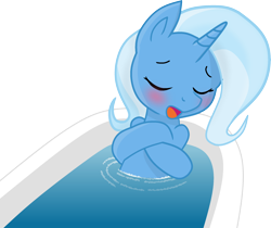Size: 2302x1932 | Tagged: safe, artist:grapefruitface1, artist:joey darkmeat, color edit, edit, trixie, pony, g4, bath, bathing, blushing, colored, eyes closed, open mouth, show accurate, simple background, solo, trace, transparent background, water