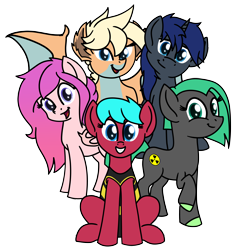 Size: 5142x5425 | Tagged: safe, artist:yugtra, oc, oc only, oc:lodestone, oc:luscious desire, oc:pink candy bat, oc:star fall, oc:toxcity, oc:windsweeper, bat pony, changeling, dragon, earth pony, pony, unicorn, clothes, group photo, group shot, long mane, looking at you, one-piece swimsuit, pose, short mane, simple background, smiling, spread wings, swimsuit, transparent background, wings