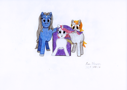 Size: 6978x4932 | Tagged: safe, artist:moon flower, derpibooru exclusive, oc, oc only, oc:darkest hour, oc:moon flower, oc:noble pinions, alicorn, earth pony, pony, 2021, absurd resolution, alicorn oc, blue eyes, blue fur, coat markings, colored pencil drawing, earth pony oc, ethereal hair, ethereal mane, eyelashes, facial markings, feathered wings, folded wings, front view, gray mane, grey fur, grey hair, hooves, horn, lidded eyes, looking at something, looking at you, looking down, minecraft, mouth hold, nether portal, open mouth, orange eyes, orange hair, orange mane, pencil drawing, pink hair, pink mane, portal, purple hair, purple mane, raised leg, signature, simple background, smiling, spread legs, spreading, star (coat marking), tail, traditional art, trio, white background, wings