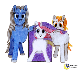 Size: 3280x2954 | Tagged: safe, artist:moon flower, derpibooru exclusive, oc, oc only, oc:darkest hour, oc:moon flower, oc:noble pinions, alicorn, earth pony, pony, 2021 community collab, derpibooru community collaboration, 2021, alicorn oc, blue eyes, blue fur, coat markings, colored pencil drawing, earth pony oc, ethereal hair, ethereal mane, eyelashes, facial markings, feathered wings, folded wings, front view, gray mane, grey fur, grey hair, high res, hooves, horn, lidded eyes, logo, looking at something, looking at you, looking down, minecraft, mouth hold, nether portal, open mouth, orange eyes, orange hair, orange mane, pencil drawing, pink hair, pink mane, portal, purple hair, purple mane, raised leg, signature, simple background, smiling, spread legs, spreading, star (coat marking), tail, traditional art, transparent background, trio, wings