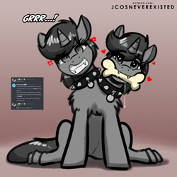 Size: 1024x1024 | Tagged: safe, artist:jcosneverexisted, oc, oc only, oc:howl, dog, hybrid, orthros, pony, unicorn, g4, angry, bone, collar, cross-popping veins, drool, female, floating heart, gritted teeth, growling, heart, looking at you, mare, mouth hold, multiple heads, solo, species swap, transformation, two heads
