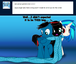 Size: 7136x5995 | Tagged: safe, artist:agkandphotomaker2000, dj pon-3, vinyl scratch, oc, oc:arnold the pony, oc:pony video maker, pegasus, pony, unicorn, tumblr:pony video maker's blog, g4, ask, clothes, dialogue, long scarf, raised hoof, red and black mane, red and black oc, scarf, shared clothing, shared scarf, show accurate, tumblr