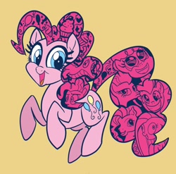 Size: 2048x2020 | Tagged: dead source, safe, artist:sophie scruggs, part of a set, gummy, pinkie pie, earth pony, pony, g4, betcha can't make a face crazier than this, cupcake, cute, decorative hatching, diapinkes, duckface, faic, female, filly, filly pinkie pie, food, happy, high res, mare, multeity, orange background, pinkamena diane pie, pinkie pie is best facemaker, simple background, solo, too much pink energy is dangerous, younger
