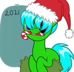 Size: 1118x1080 | Tagged: safe, artist:akiraau, oc, oc only, oc:green byte, pony, unicorn, 2021, candy, candy cane, christmas, food, hat, holiday, male, mouth hold, santa hat, signature, solo, stallion