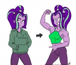 Size: 2048x1755 | Tagged: safe, artist:kazabomb, aria blaze, human, equestria girls, g4, aria brute, belly button, biceps, clothes, devil horn (gesture), female, flexing, grin, hoodie, midriff, muscles, muscular female, pants, pigtails, sexy, short shirt, smiling, solo, stupid sexy aria blaze, twintails, yoga pants