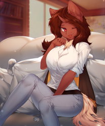 Size: 2120x2558 | Tagged: safe, alternate version, artist:mashiro, oc, oc only, oc:flechette, changeling, moth, mothling, original species, anthro, ;p, big breasts, breasts, clothes, curved horn, dress shirt, female, high res, horn, jeans, neck fluff, one eye closed, pants, red changeling, solo, tongue out, wink