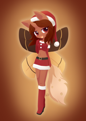 Size: 2150x3024 | Tagged: safe, artist:howxu, oc, oc only, oc:flechette, changeling, moth, mothling, original species, anthro, belly button, christmas, christmas changeling, clothes, costume, female, high res, holiday, midriff, red changeling, santa costume, solo