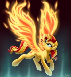 Size: 1799x1950 | Tagged: safe, artist:evedizzy26, sunset shimmer, alicorn, pony, unicorn, equestria girls, g4, my past is not today, alicornified, beautiful, concave belly, eye reflection, featured image, female, fiery shimmer, fiery wings, flying, mare, race swap, reflection, shimmercorn, slender, smiling, solo, sunset phoenix, sweet dreams fuel, thin, wings