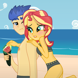 Size: 818x818 | Tagged: safe, artist:grapefruitface1, flash sentry, sunset shimmer, equestria girls, g4, barefoot, base used, blushing, clothes, feet, female, food, male, ship:flashimmer, shipping, straight, sushi, sushi cone, swimsuit, topless