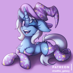 Size: 1500x1500 | Tagged: safe, artist:shad0w-galaxy, trixie, pony, unicorn, g4, adorasexy, chest fluff, clothes, cute, diatrixes, fangs, female, fluffy, hat, looking at you, lying down, mare, one eye closed, open mouth, patreon, patreon logo, purple background, sexy, simple background, smiling, socks, solo, stockings, thigh highs, wink, winking at you, witch hat