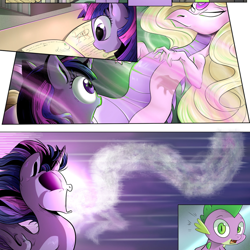 Size: 2000x2000 | Tagged: safe, artist:candyclumsy, edit, spike, twilight sparkle, alicorn, dragon, pony, comic:twilight's kronenberg, g4, cropped, dragoness, female, high res, possession, shocked, shocked expression, twilight sparkle (alicorn)