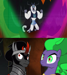 Size: 1192x1328 | Tagged: safe, artist:kayman13, artist:tentapone, king sombra, mane-iac, storm king, pony, unicorn, yeti, g4, my little pony: the movie, power ponies (episode), confused, dancer, dancing, evil lair, female, grogar's lair, huh, lair, looking forward, male, not impressed, spotlight
