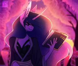 Size: 1208x1020 | Tagged: safe, artist:elektra-gertly, twilight sparkle, anthro, g4, big ears, big horn, book, eyeshadow, horn, jewelry, makeup, mascara, night, outdoors, reading, ring, smiling, solo, tree