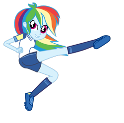 Size: 1205x1194 | Tagged: safe, artist:gmaplay, rainbow dash, equestria girls, g4, clothes, kicking, shirt, shorts, simple background, socks, solo, sports, sports shirt, sports shorts, transparent background, vector