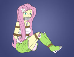 Size: 2280x1752 | Tagged: safe, artist:aramirn123, fluttershy, human, equestria girls, g4, arm behind back, arms tied, blue background, bondage, boots, bound, bound and gagged, breasts, busty fluttershy, clothes, feet tied, female, femsub, fluttersub, gag, gradient background, looking at you, rope, rope bondage, shoes, simple background, sitting, skirt, solo, tape, tape gag, tied, tied up