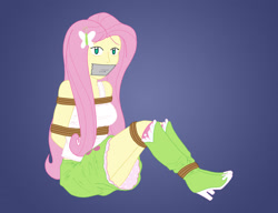Size: 2280x1752 | Tagged: safe, alternate version, artist:aramirn123, fluttershy, human, equestria girls, g4, arm behind back, arms tied, blue background, bondage, boots, bound, bound and gagged, breasts, busty fluttershy, clothes, feet tied, female, femsub, fluttersub, gag, gradient background, looking at you, rope, rope bondage, shoes, simple background, sitting, skirt, solo, tape, tape gag, tied, tied up