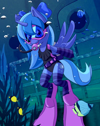 Size: 1280x1601 | Tagged: safe, artist:chef-cheiro, alicorn, pony, black swimsuit, clothes, dive mask, diving, goggles, one-piece swimsuit, scuba diving, scuba gear, socks, stockings, striped socks, swimsuit, thigh highs, underwater