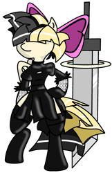 Size: 1024x1580 | Tagged: safe, artist:singularmj, songbird serenade, pegasus, anthro, semi-anthro, g4, my little pony: the movie, 2b, arm hooves, automata, blindfold, buster sword, clothes, costume, dress, female, hand on hip, magic, magic circle, mare, nier, nier: automata, simple background, socks, solo, sword, transparent background, weapon