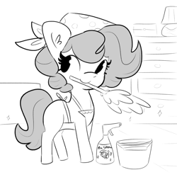 Size: 2880x2880 | Tagged: safe, artist:tjpones, twilight sparkle, oc, oc only, oc:brownie bun, earth pony, pony, sparkles! the wonder horse!, g4, apron, bandana, black and white, bucket, clothes, cute, duster, female, grayscale, high res, mare, monochrome, mouth hold, mr. sparkle, ocbetes, simpsons did it, solo, sparkles, spray bottle