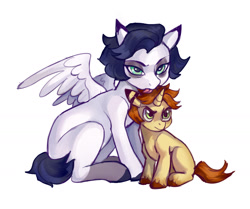 Size: 1698x1422 | Tagged: safe, artist:lunnita_pony, oc, oc only, oc:lucifer, oc:lunnita, pegasus, pony, unicorn, angry, behaving like a cat, duo, female, grooming, mare