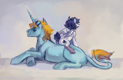 Size: 1654x1080 | Tagged: safe, artist:lunnita_pony, oc, oc only, pegasus, pony, unicorn, butt, leonine tail, plot, size difference