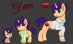 Size: 1150x700 | Tagged: safe, artist:thetenthclass, oc, oc only, oc:gem, pony, unicorn, age progression, baby, baby pony, bib, clothes, colt, gray background, hoodie, magical lesbian spawn, male, offspring, parent:applejack, parent:rarity, parents:rarijack, shirt, simple background, solo, stallion, tongue out