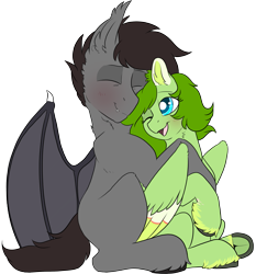 Size: 2791x3000 | Tagged: safe, artist:cold blight, artist:liefsong, oc, oc only, oc:lief, oc:windwalker, bat pony, pegasus, pony, 2021 community collab, derpibooru community collaboration, blushing, couple, duo, feathered fetlocks, high res, hug, simple background, transparent background, underhoof, unshorn fetlocks, windsong