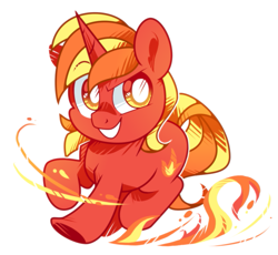 Size: 905x834 | Tagged: safe, artist:yokokinawa, oc, oc only, oc:red fire, pony, unicorn, chibi, fire, looking at you, male, simple background, smiling, solo, stallion, white background, white pupils