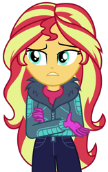 Size: 1928x3063 | Tagged: safe, artist:sketchmcreations, sunset shimmer, equestria girls, equestria girls series, g4, holidays unwrapped, winter break-in, spoiler:eqg series (season 2), clothes, coat, concerned, female, gloves, raised eyebrow, simple background, solo, transparent background, vector, winter outfit