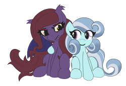 Size: 2033x1401 | Tagged: safe, artist:brownie-bytes, oc, oc only, bat pony, crystal pony, 2021 community collab, derpibooru community collaboration, annoyed, bat pony oc, bat wings, crystal pony oc, duo, ear fluff, female, mare, simple background, sitting, smiling, transparent background, wings
