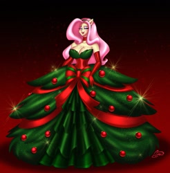 Size: 1620x1644 | Tagged: safe, artist:belise, fluttershy, human, g4, big breasts, breasts, busty fluttershy, christmas, cleavage, clothes, commission, dress, female, fluttertree, gown, gradient background, holiday, humanized, smiling, solo