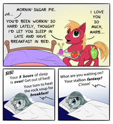 Size: 2300x2529 | Tagged: safe, artist:chopsticks, big macintosh, marble pie, earth pony, pony, g4, apple, bed, breakfast in bed, butt fluff, comic, crying, dialogue, dream, egg, female, flower, food, heartbroken marble, high res, implied limestone pie, looking at you, male, marblebuse, mare, mood whiplash, morning ponies, offscreen character, sad, ship:marblemac, shipping, shipping denied, side chick, simple background, sketch, stallion, straight, text, vase, yelling