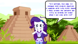 Size: 1920x1080 | Tagged: safe, ai assisted, ai content, fifteen.ai, rarity, equestria girls, g4, animated, clothes, explorer outfit, hat, jungle, looking at you, pith helmet, solo, sound, sound only, speech bubble, temple, video, webm