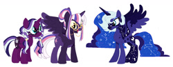 Size: 1280x503 | Tagged: safe, artist:selenaede, artist:teafrown, princess luna, twilight sparkle, oc, oc:dreamcatcher, alicorn, pony, unicorn, g4, base used, blaze (coat marking), body markings, braid, closed mouth, coat markings, constellation, constellation hair, cyan eyes, ethereal mane, ethereal tail, eyeshadow, facial markings, family, female, glasses, glasses chain, hair bun, horn, lesbian, magical lesbian spawn, makeup, mare, offspring, open mouth, parent:princess luna, parent:twilight sparkle, parents:twiluna, redesign, round glasses, ship:twiluna, shipping, simple background, smiling, sparkly mane, sparkly tail, spread wings, standing, starry mane, starry tail, tail, teal eyes, twilight sparkle (alicorn), unicorn oc, white background, white-haired luna, wings, yellow eyes