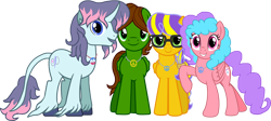 Size: 2780x1250 | Tagged: safe, artist:crisostomo-ibarra, oc, oc only, oc:bella pinksavage, oc:fluffybriefs, oc:sunrise glisten, oc:swiftgaia, pony, unicorn, g4, curved horn, female, glasses, horn, jewelry, looking at you, male, mare, necklace, peace symbol, simple background, smiling, stallion, transparent background