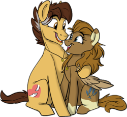 Size: 1307x1200 | Tagged: safe, artist:rutkotka, oc, oc only, oc:feather paw, oc:help hoof, earth pony, pegasus, pony, 2021 community collab, 2022 community collab, derpibooru community collaboration, female, husband and wife, laughing, male, mare, simple background, smiling, stallion, transparent background