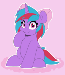 Size: 1746x2000 | Tagged: safe, artist:partypievt, oc, oc only, oc:cosmic spark, pony, unicorn, animated, bow, eyebrows, eyebrows visible through hair, gif, hair bow, looking at you, one eye closed, sitting, solo, wink