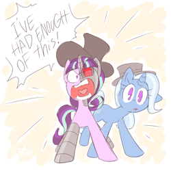 Size: 1024x1024 | Tagged: safe, artist:thegreatrouge, starlight glimmer, trixie, cyborg, pony, unicorn, g4, angry, crossover, hat, henry stickmin collection, open mouth, parody, ragelight glimmer, reginald copperbottom, rhm, right hand man, right hand mare, speech bubble, this will end in communism, toppat clan