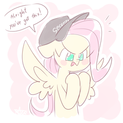 Size: 1024x1024 | Tagged: safe, artist:thegreatrouge, fluttershy, pony, g4, blushing, crossover, cute, dave panpa, hat, henry stickmin collection, open mouth, parody, shyabetes, solo, speech bubble