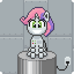 Size: 384x384 | Tagged: safe, artist:nitobit, derpibooru exclusive, sweetie belle, pony, robot, robot pony, g4, animated, charger, charging, female, filly, gif, heart, heart eyes, pixel art, sitting, solo, sweetie bot, wingding eyes