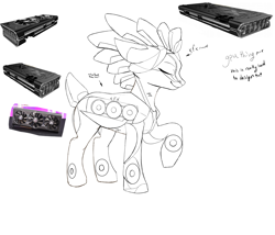 Size: 3500x3000 | Tagged: safe, artist:sundayrain, gpu pony, object pony, original species, pony, robot, robot pony, female, graphics card, high res, mare, monochrome, ponified, profile, raised hoof, simple background, smiling, solo, wip, xfx 5700 xt thicc iii ultra