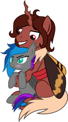 Size: 2144x3833 | Tagged: safe, artist:bnau, oc, oc:lyssa, oc:red flux, bat pony, changeling, moth, mothling, original species, :t, bat pony oc, bat wings, changeling oc, female, high res, hug, hug from behind, male, pouting, red changeling, show accurate, simple background, smiling, transparent background, wings