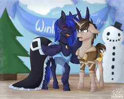 Size: 2500x2000 | Tagged: safe, artist:lionbun, oc, oc:daniel hooves, oc:moonlight, alicorn, pony, unicorn, ball, clothes, commission, couple, dress, fullshade, high res, not luna, offspring, parent:derpy hooves, parent:doctor whooves, parent:princess luna, parents:doctorderpy, silly, suit, winter ball