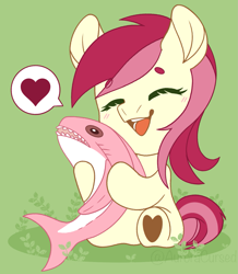 Size: 1357x1555 | Tagged: safe, artist:auroracursed, roseluck, pony, shark, g4, simple ways, chibi, cute, eyes closed, female, green background, heart, mare, pictogram, plushie, rosabetes, shark plushie, simple background, solo, toy