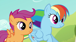 Size: 1920x1080 | Tagged: safe, screencap, rainbow dash, scootaloo, pegasus, pony, brotherhooves social, g4, female, filly, mare, running