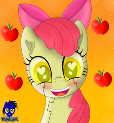 Size: 3840x4154 | Tagged: safe, artist:damlanil, apple bloom, android, earth pony, pony, robot, robot pony, g4, adorabloom, apple, apple bloom bot, apple bloom's bow, blushing, bow, cute, female, filly, food, hair bow, happy, heart, heart eyes, looking at you, mare, open mouth, simple background, smiling, vector, weapons-grade cute, wingding eyes