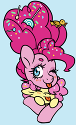 Size: 625x1026 | Tagged: safe, artist:/d/non, li'l cheese, pinkie pie, bird, duck, earth pony, pony, g4, the last problem, :p, blue background, blushing, candy, eyes closed, female, filly, food, lollipop, male, mama pinkie, mother and child, mother and son, older, older pinkie pie, one eye closed, parent and child, simple background, sprinkles, tongue out, updo, wink