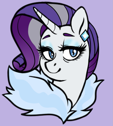 Size: 721x800 | Tagged: safe, artist:/d/non, rarity, pony, unicorn, g4, the last problem, bust, ear piercing, earring, eyeshadow, female, grey hair, jewelry, makeup, mare, older, older rarity, piercing, purple background, simple background, smiling, solo