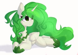 Size: 2174x1528 | Tagged: safe, artist:little-sketches, oc, oc only, oc:eos, alicorn, pony, alicorn oc, commission, eye clipping through hair, female, horn, lying down, mare, prone, smiling, solo, wings