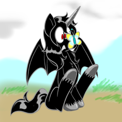 Size: 576x576 | Tagged: safe, artist:pembroke, oc, oc:god, alicorn, butterfly, pony, fallout equestria: new pegas, bat wings, red eyes, self-parody, wings